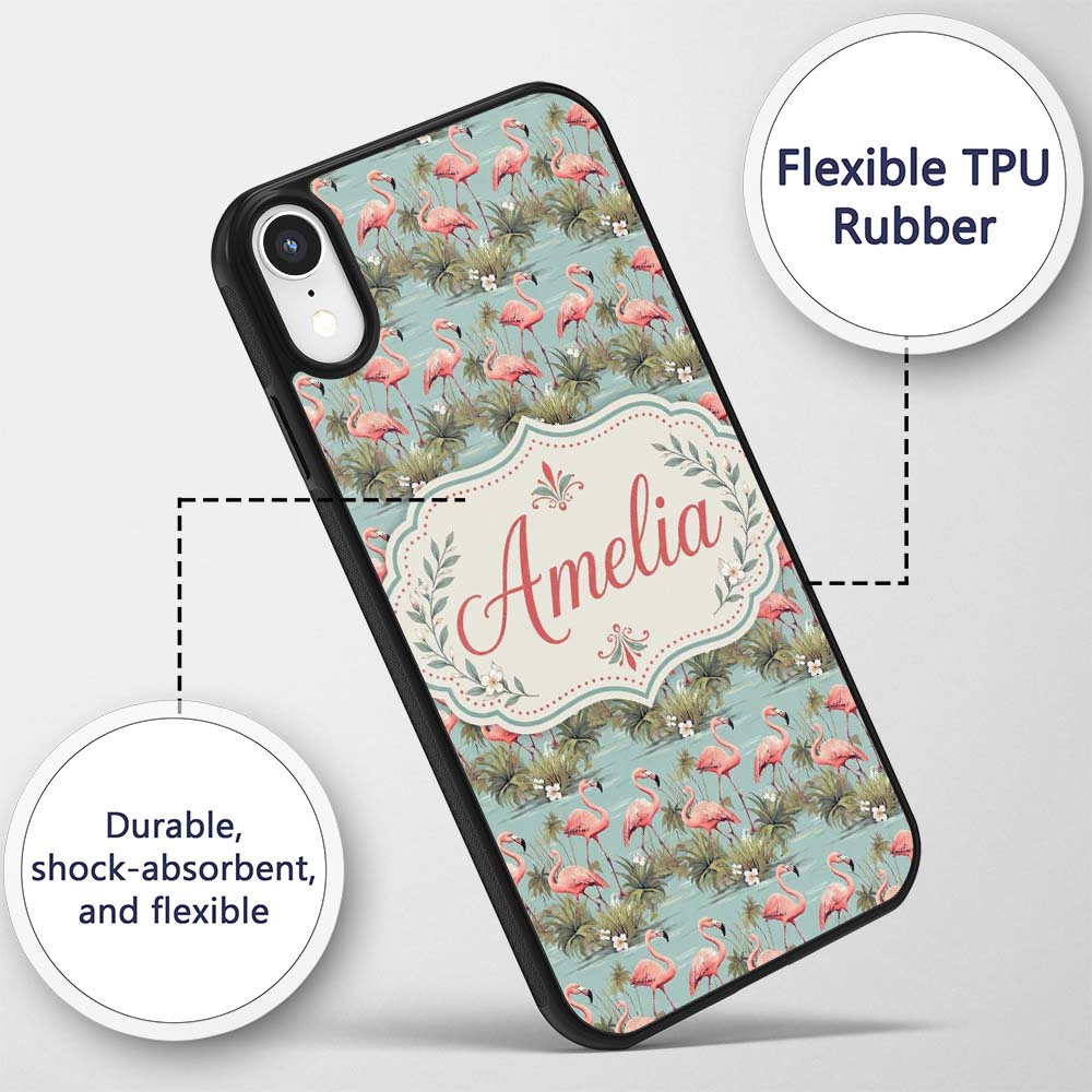 Soft Pink Flamingo Birds in Calm Water Scene Custom Name Protective Phone Case Mobile Cover Durable Everyday Smartphone Shock Resistant