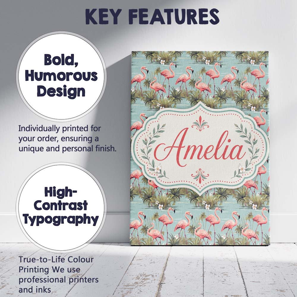 Personalised Name Soft Pink Flamingo Birds Custom Unique Gift Idea Elegant Feature Canvas Wall Art Print Decor Picture Ready to Hang