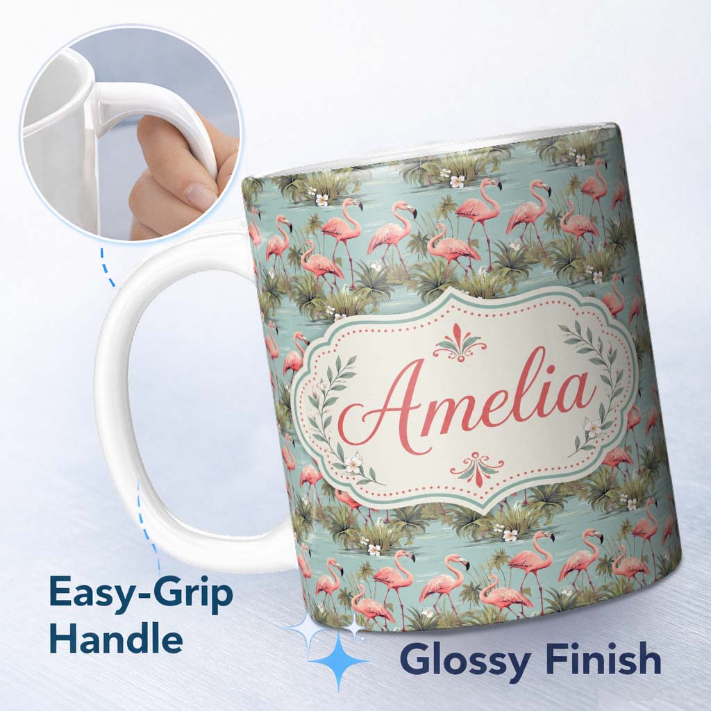 Personalized Custom Name Soft Pink Flamingo Birds in Calm Water Scene Seamless Pattern Name 11oz Ceramic Coffee Tea Mug White Large Handle