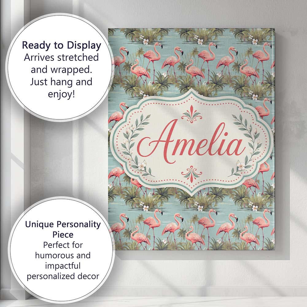 Personalised Name Soft Pink Flamingo Birds Custom Unique Gift Idea Elegant Feature Canvas Wall Art Print Decor Picture Ready to Hang
