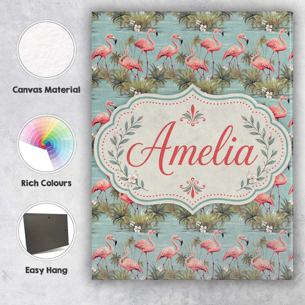 Personalised Name Soft Pink Flamingo Birds Custom Unique Gift Idea Elegant Feature Canvas Wall Art Print Decor Picture Ready to Hang