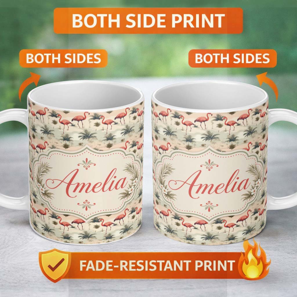 Personalized Custom Name Flamingo Birds with Natural Grass Wetland Seamless Pattern Name Cute 11oz Ceramic Coffee Tea Mug White Large Handle