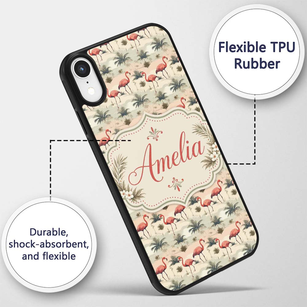 Flamingo Birds with Natural Grass Printed Design Custom Name Protective Phone Case Mobile Cover Durable Everyday Smartphone Shock Resistant