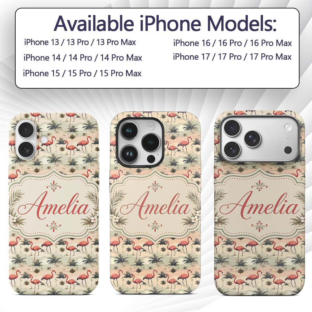 Flamingo Birds with Natural Grass Printed Design Custom Name Protective Phone Case Mobile Cover Durable Everyday Smartphone Shock Resistant