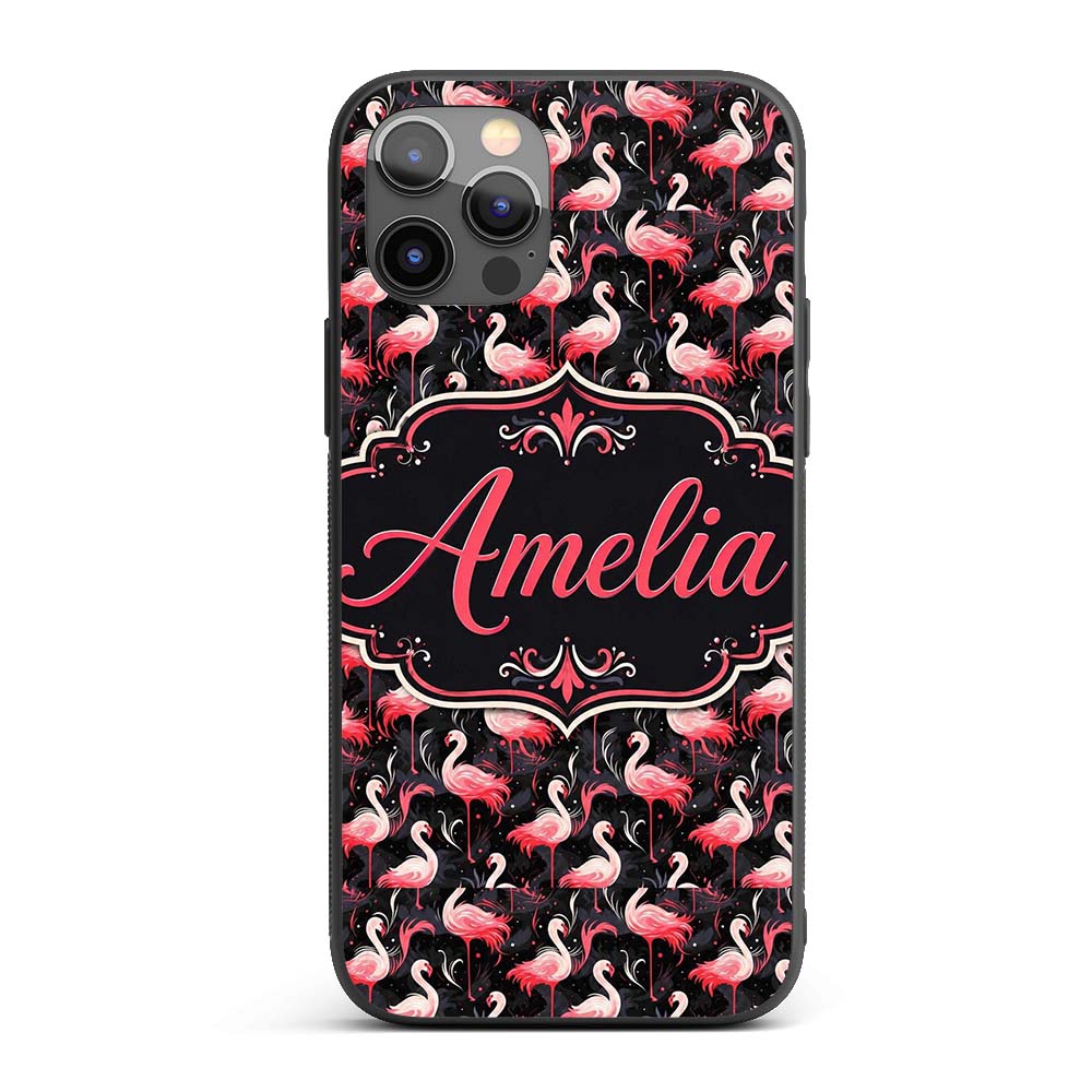 Vintage Style Flamingo Birds with Tropical Plants Custom Name Protective Phone Case Mobile Cover Durable Everyday Smartphone Shock Resistant