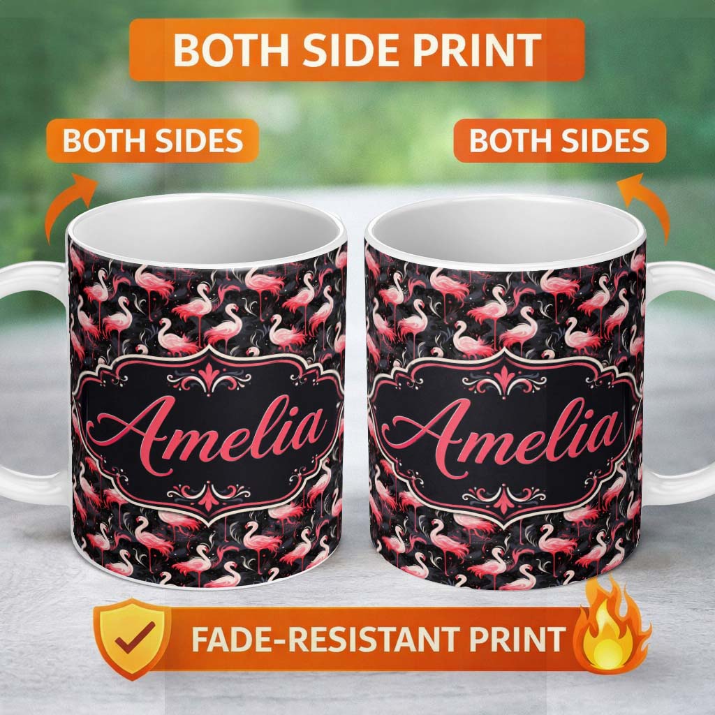 Personalized Custom Name Vintage Style Flamingo Birds with Tropical Plants Seamless Pattern 11oz Ceramic Coffee Tea Mug White Large Handle