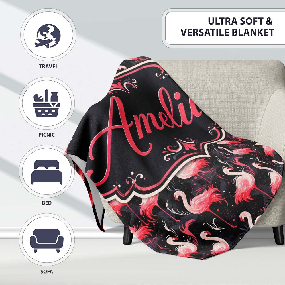 Vintage Style Flamingo Birds with Tropical Plants Seamless Pattern Personalised Custom Name Super Soft Fleece Blanket Bed Sofa Throw