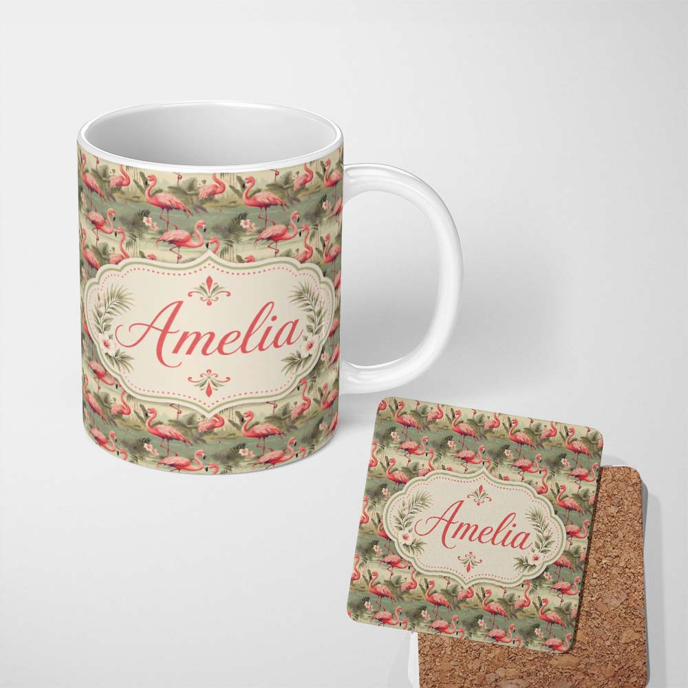 Personalized Custom Name Elegant Flamingo Birds with Botanical Jungle Theme Seamless Pattern 11oz Ceramic Coffee Tea Mug White Large Handle