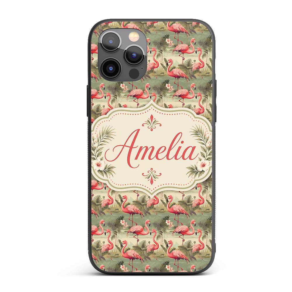 Elegant Flamingo Birds with Botanical Jungle Custom Name Protective Phone Case Mobile Cover Durable Everyday Smartphone Shock Resistant