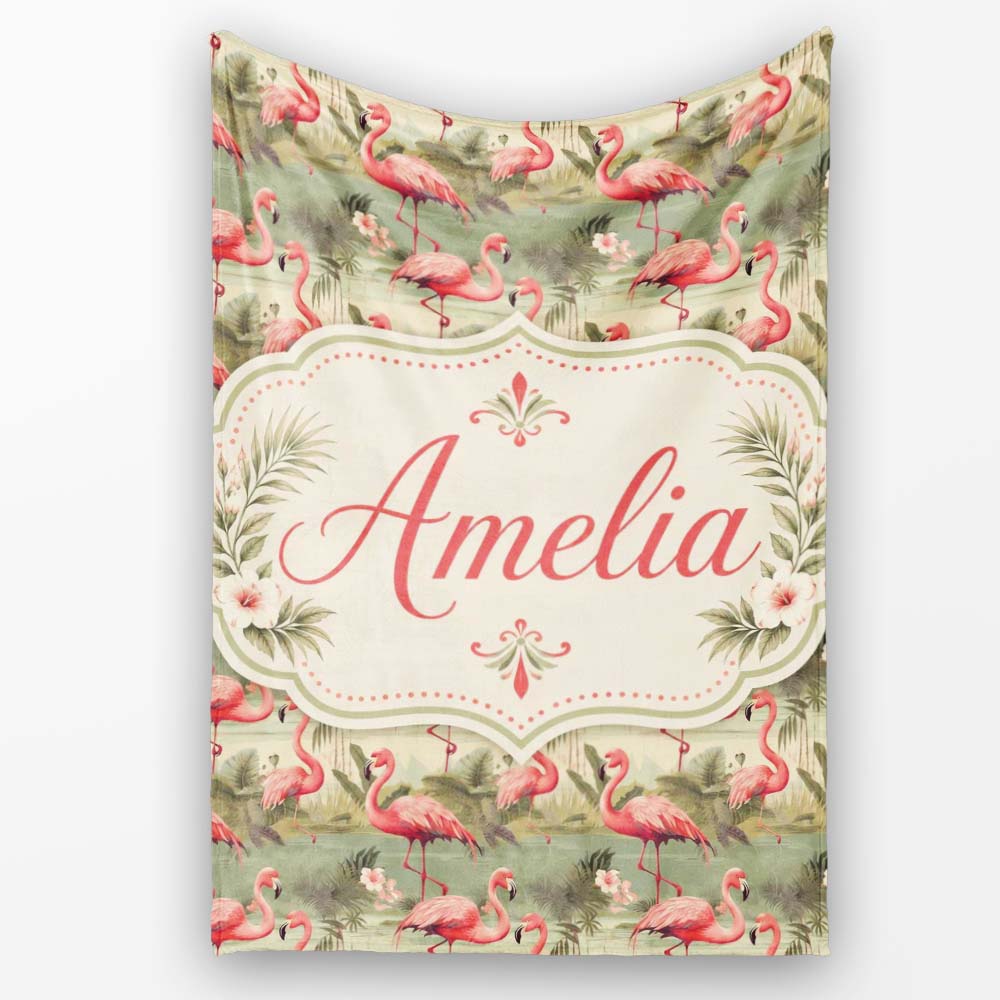 Elegant Flamingo Birds with Botanical Jungle Theme Seamless Pattern Personalised Custom Name Super Soft Fleece Blanket Bed Sofa Throw