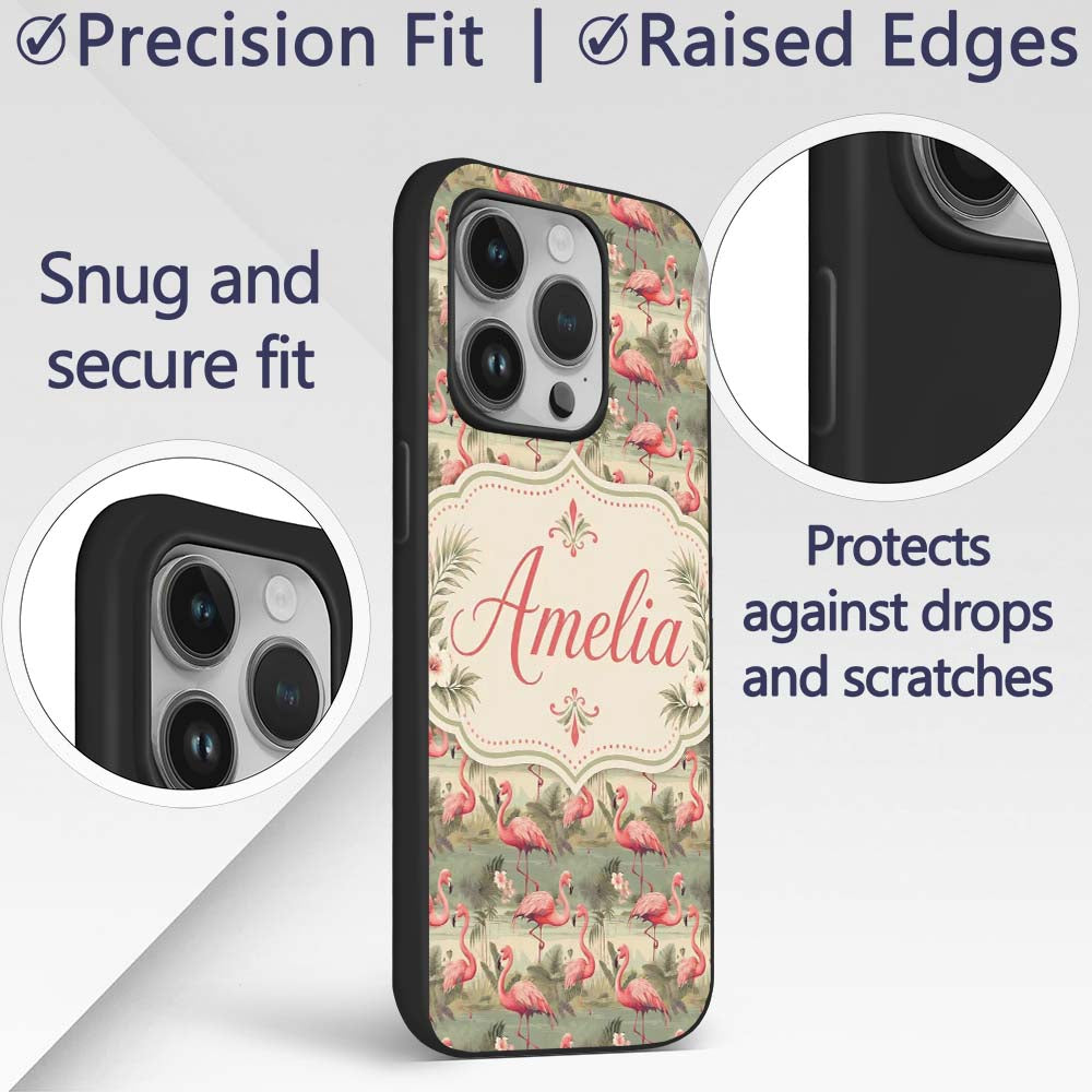 Elegant Flamingo Birds with Botanical Jungle Custom Name Protective Phone Case Mobile Cover Durable Everyday Smartphone Shock Resistant