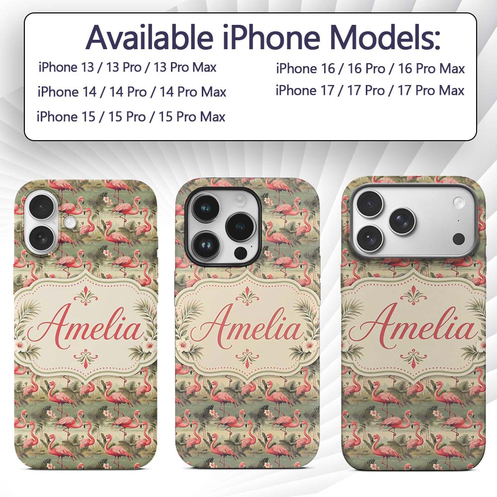 Elegant Flamingo Birds with Botanical Jungle Custom Name Protective Phone Case Mobile Cover Durable Everyday Smartphone Shock Resistant