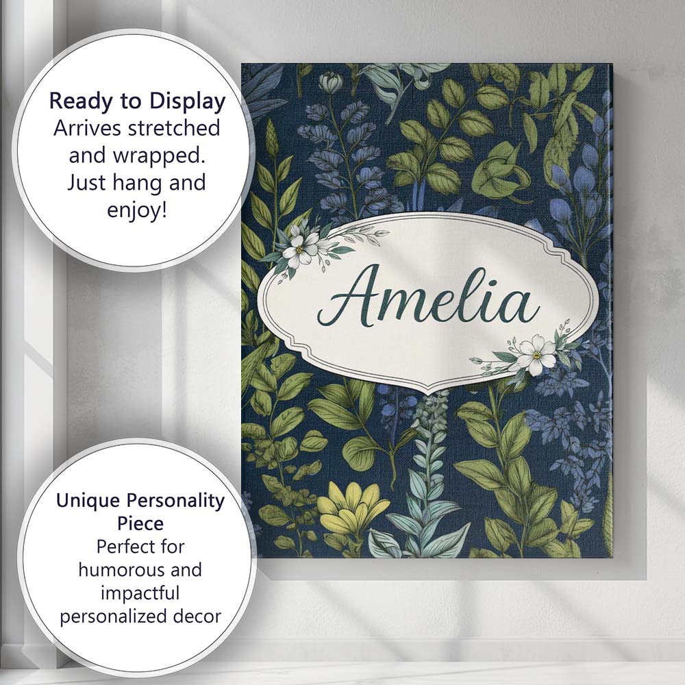 Personalised Name Elegant Botanical Leaves Blue Green Floral Seamless Custom Home Unique Canvas Wall Art Print Decor Picture Ready to Hang