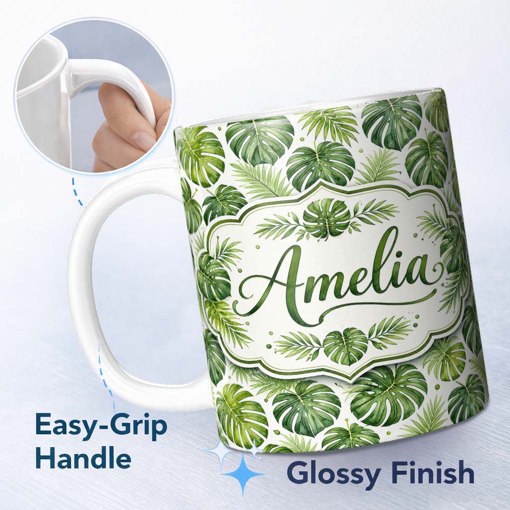 Personalized Custom Name Classic Green Monstera and Palm Leaves Tropical Seamless Pattern 11oz Ceramic Coffee Tea Mug White Large Handle