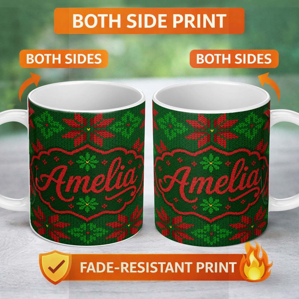 Personalized Custom Name Cute Green Red Nordic Floral Snowflake Winter Knitted Seamless 11oz Ceramic Coffee Tea Mug White Large Handle