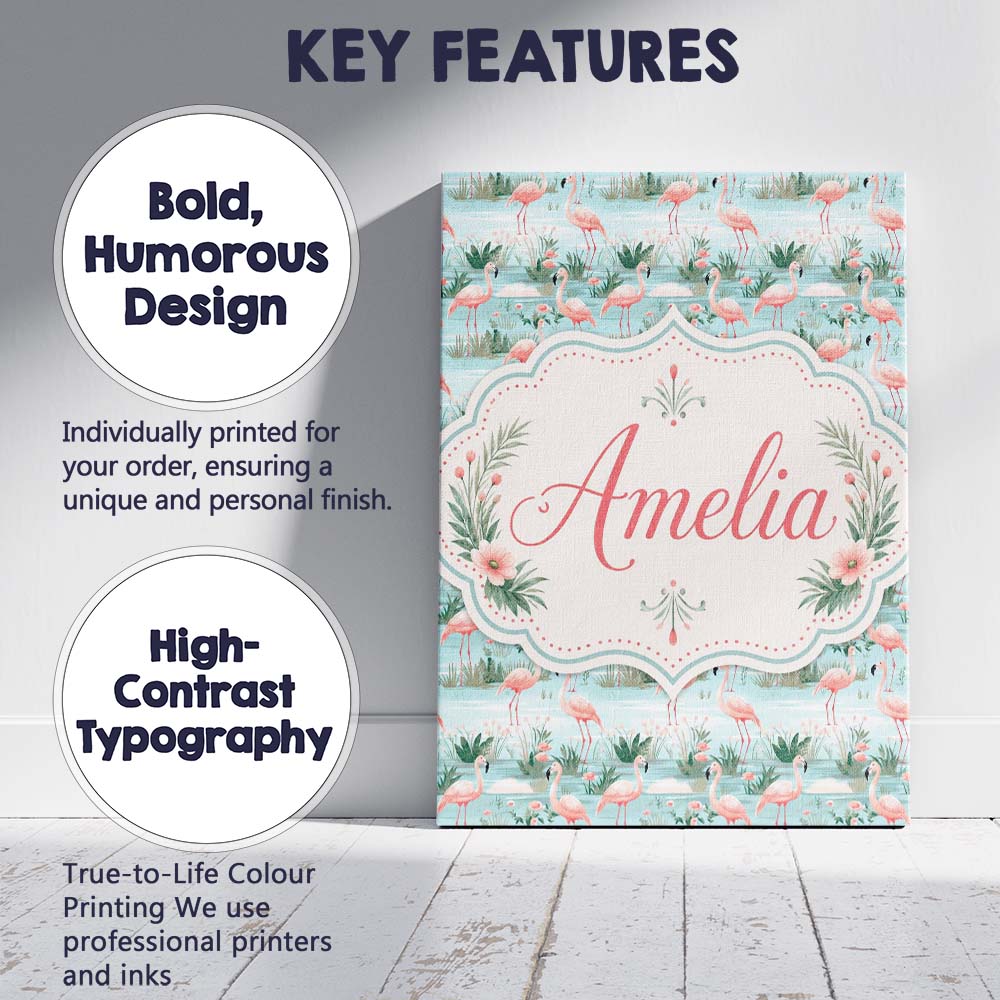 Personalised Name Delicate Flamingo Birds Custom Unique Gift Idea Elegant Feature Canvas Wall Art Print Decor Picture Ready to Hang