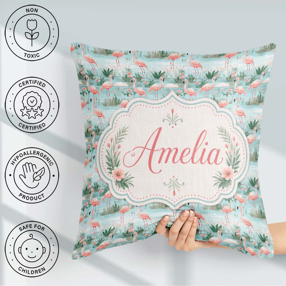 Custom Name Delicate Flamingo Birds with Soft Floral Water Scene Square Filled Cushion Throw Pillow Sofa Bed Home Decor Zip Washable UK Made