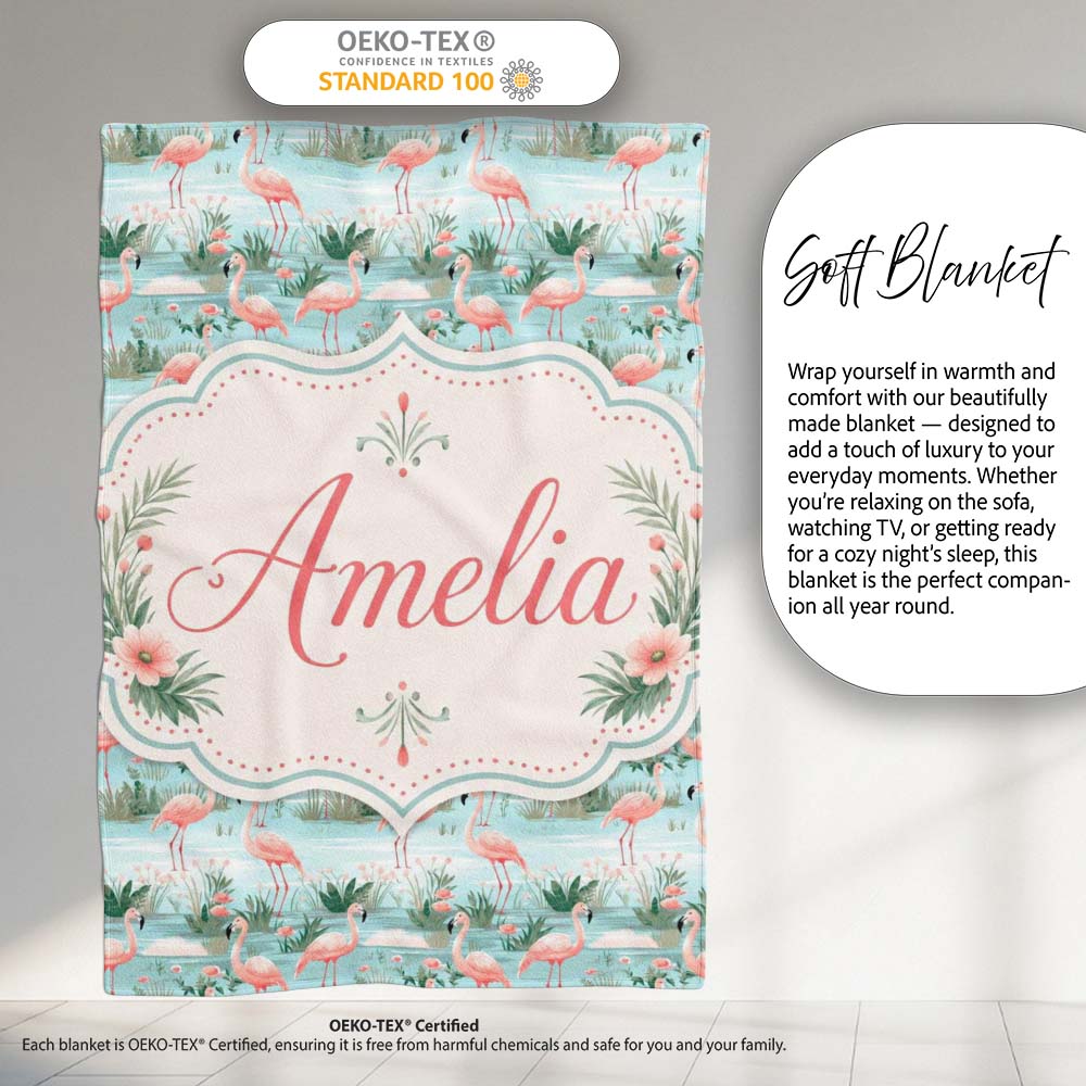 Delicate Flamingo Birds with Soft Floral Water Scene Seamless Personalised Custom Name Super Soft Fleece Blanket Bed Sofa Throw