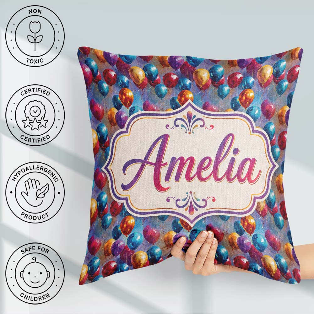 Custom Name Colorful Party Balloons Seamless Pattern Name Cute Square Filled Cushion Throw Pillow Sofa Bed Home Decor Zip Washable UK Made