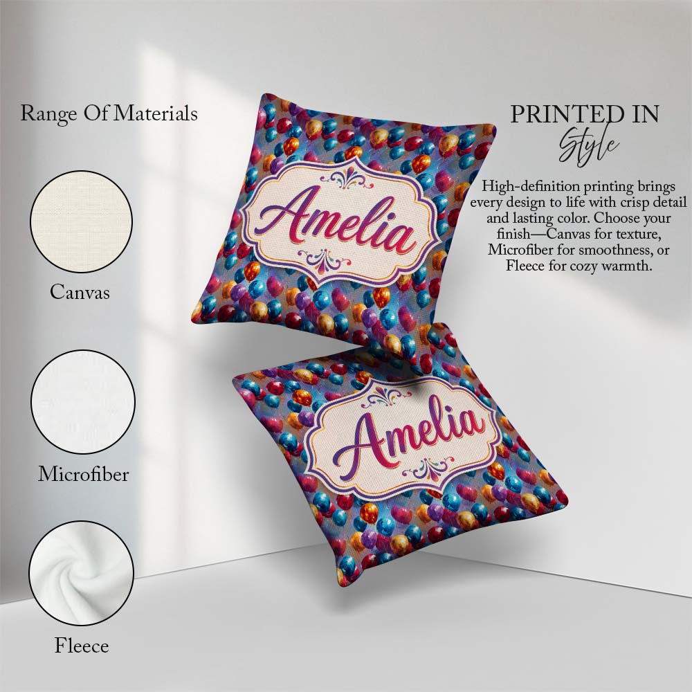 Custom Name Colorful Party Balloons Seamless Pattern Name Cute Square Filled Cushion Throw Pillow Sofa Bed Home Decor Zip Washable UK Made