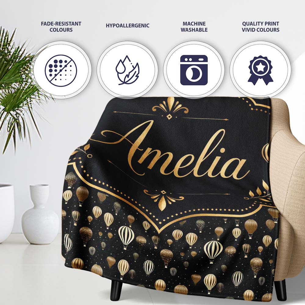Luxury Gold Hot Air Balloons Night Sky Seamless Pattern Name Cute Personalised Custom Name Super Soft Fleece Blanket Bed Sofa Throw