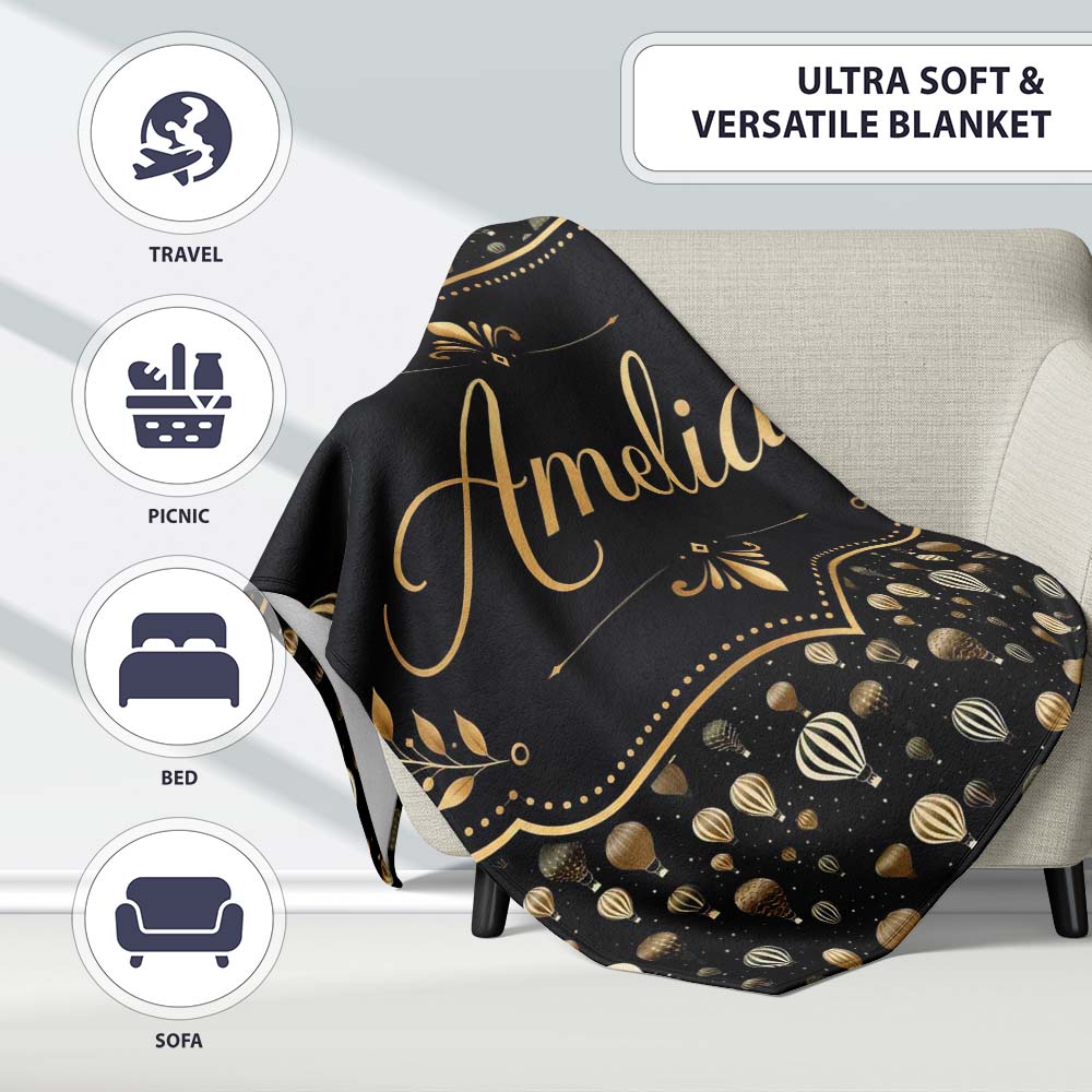 Luxury Gold Hot Air Balloons Night Sky Seamless Pattern Name Cute Personalised Custom Name Super Soft Fleece Blanket Bed Sofa Throw