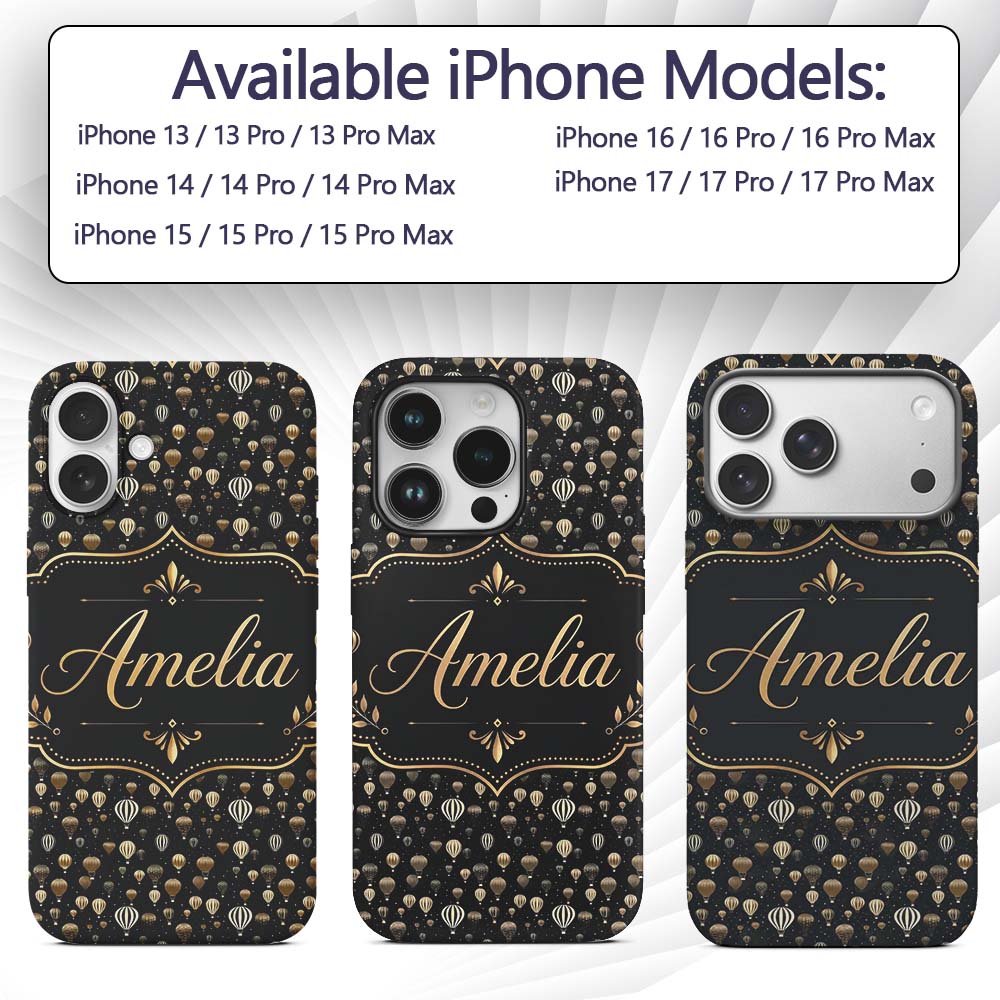 Luxury Gold Hot Air Balloons Night Sky Seamless Custom Name Protective Phone Case Mobile Cover Durable Everyday Smartphone Shock Resistant