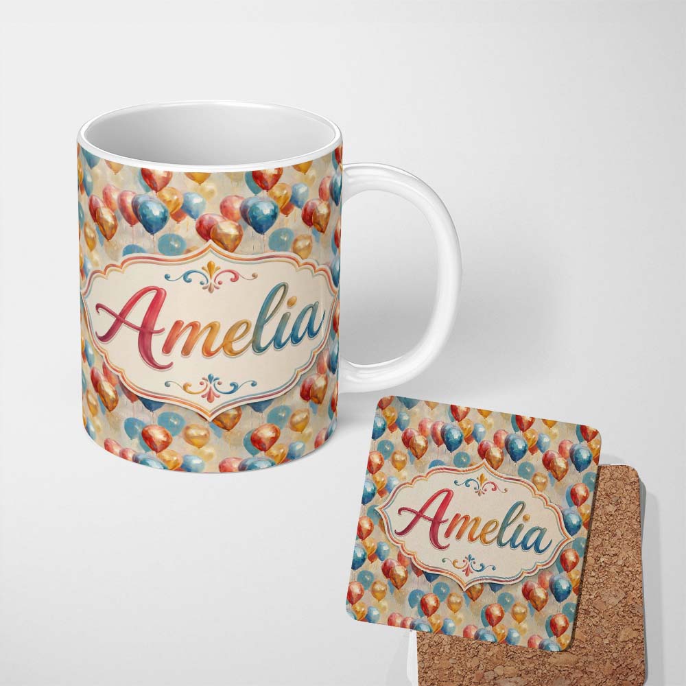 Personalized Custom Name Soft Pastel Balloon Celebration Seamless Pattern Name Cute Unique 11oz Ceramic Coffee Tea Mug White Large Handle