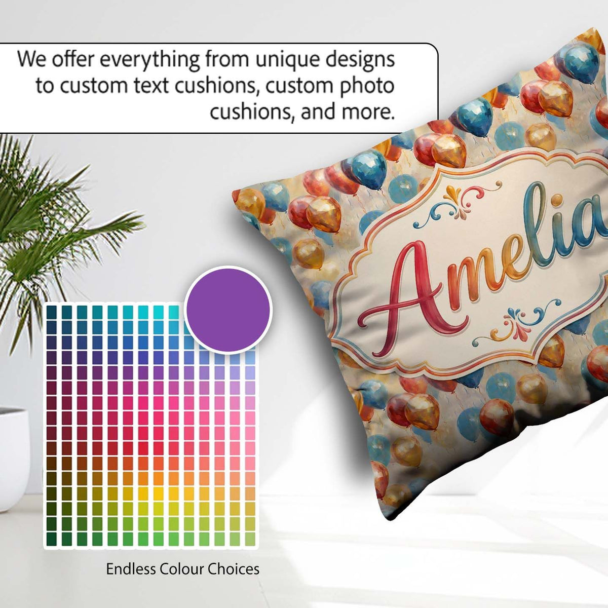 Custom Name Soft Balloon Celebration Seamless Pattern Name Cute Square Filled Cushion Throw Pillow Sofa Bed Home Decor Zip Washable UK Made