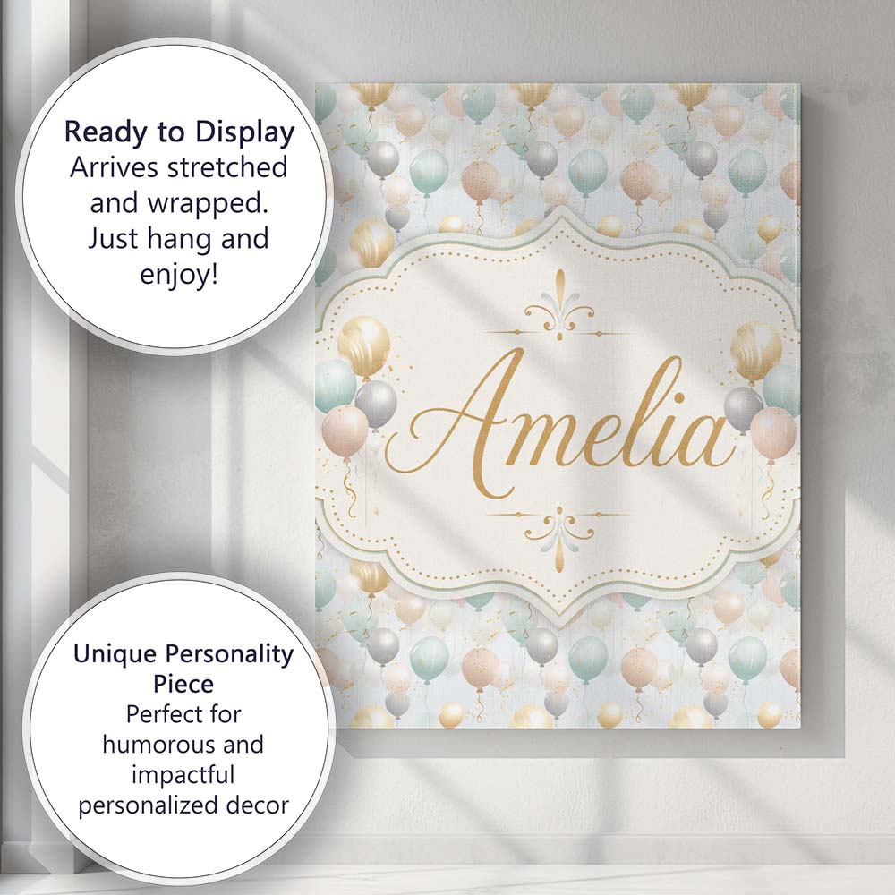 Personalised Name Elegant Pastel Balloon Custom Interior Decorative Contemporary Canvas Wall Art Print Decor Picture Ready to Hang