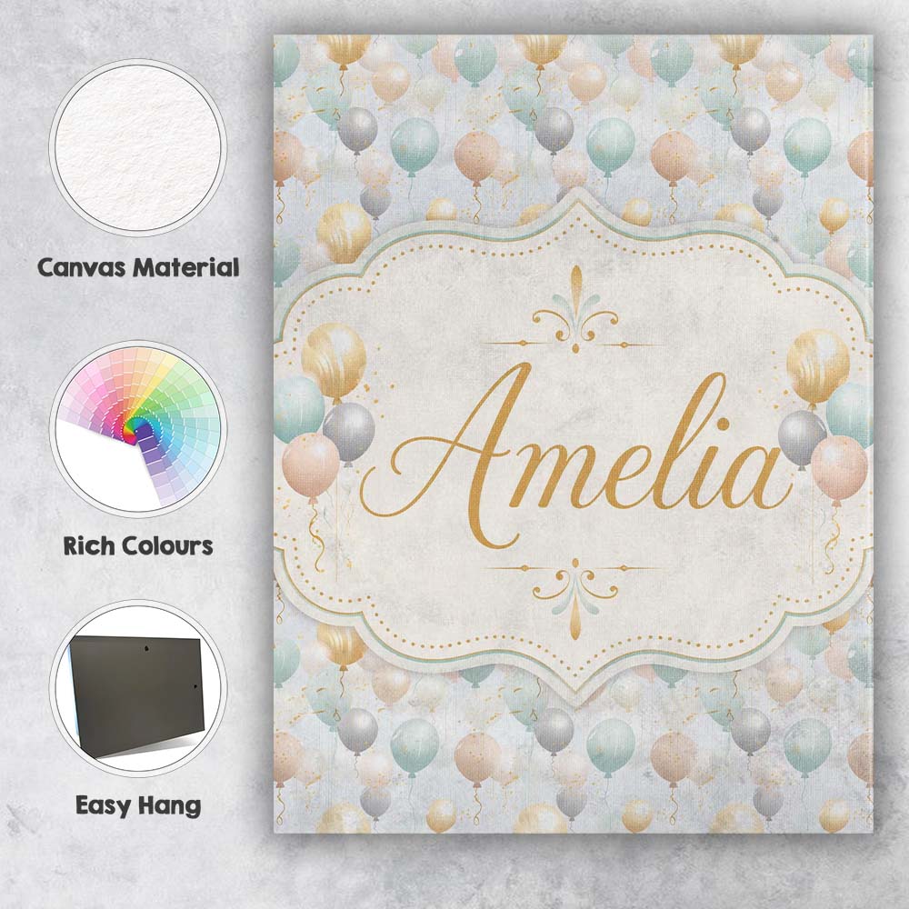 Personalised Name Elegant Pastel Balloon Custom Interior Decorative Contemporary Canvas Wall Art Print Decor Picture Ready to Hang