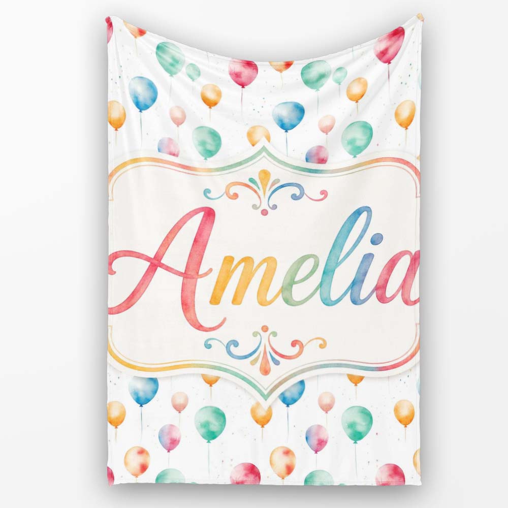 Watercolor Colorful Floating Balloons Seamless Pattern Light Personalised Custom Name Super Soft Fleece Blanket Bed Sofa Throw