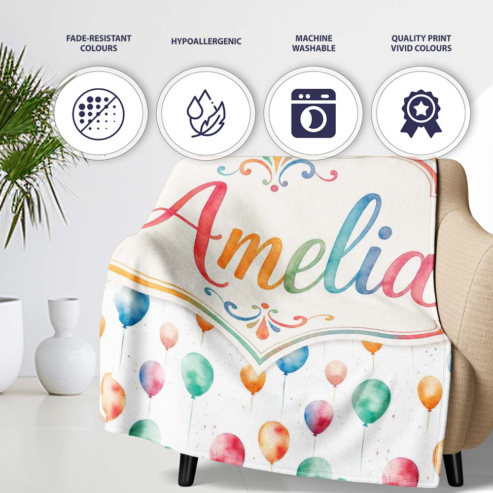 Watercolor Colorful Floating Balloons Seamless Pattern Light Personalised Custom Name Super Soft Fleece Blanket Bed Sofa Throw