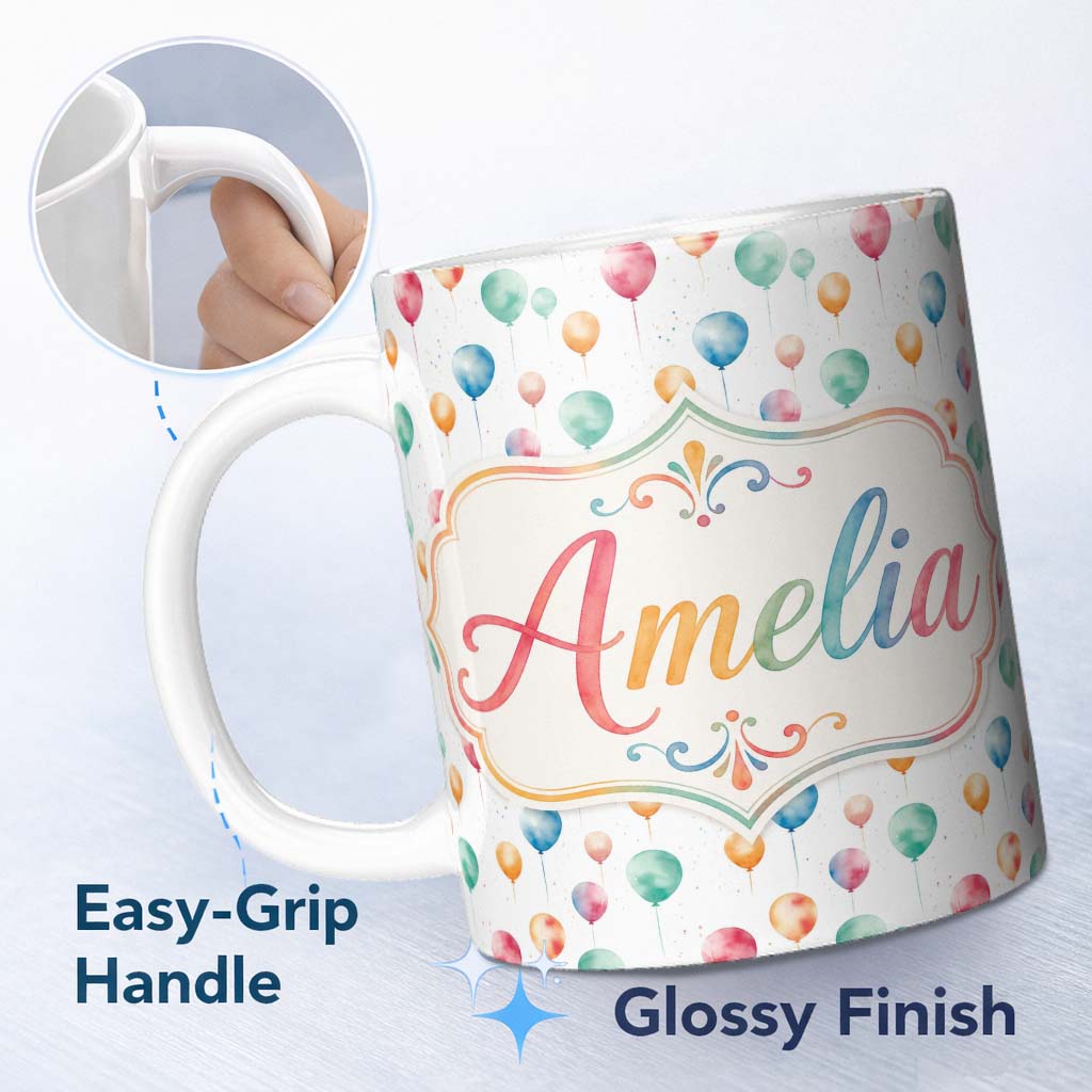 Personalized Custom Name Watercolor Colorful Floating Balloons Seamless Pattern Light 11oz Ceramic Coffee Tea Mug White Large Handle
