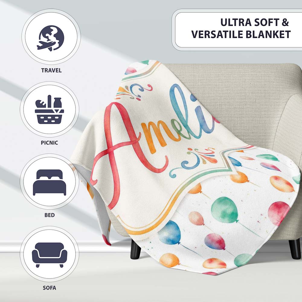 Watercolor Colorful Floating Balloons Seamless Pattern Light Personalised Custom Name Super Soft Fleece Blanket Bed Sofa Throw