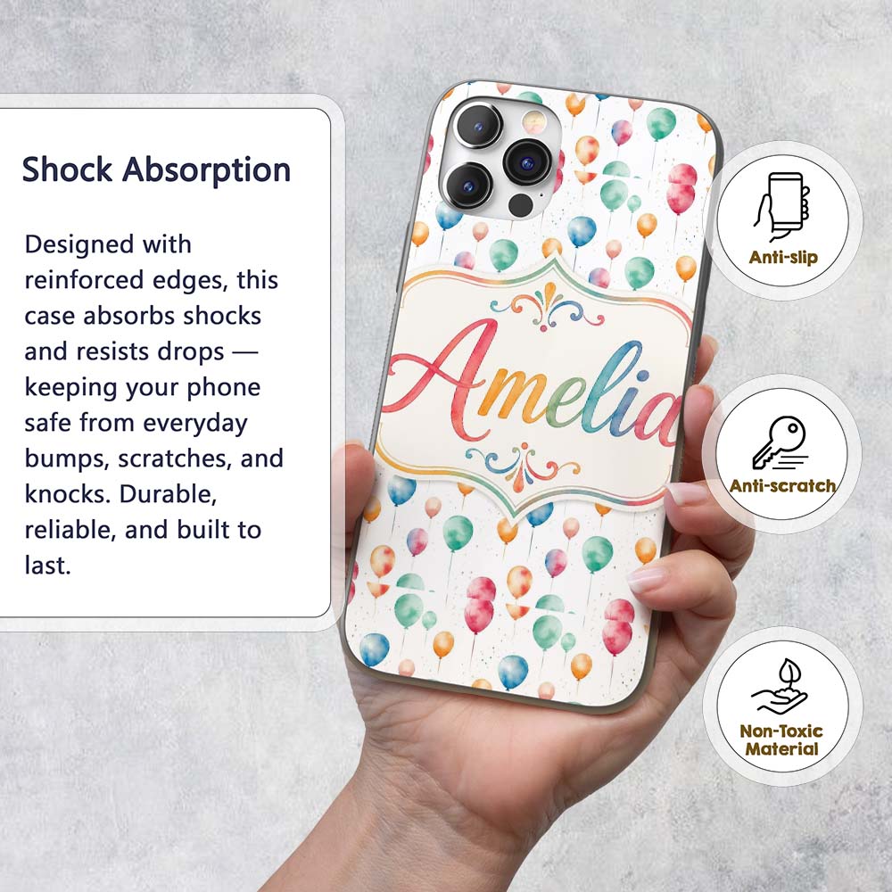 Watercolor Colorful Floating Balloons Seamless Custom Name Protective Phone Case Mobile Cover Durable Everyday Smartphone Shock Resistant