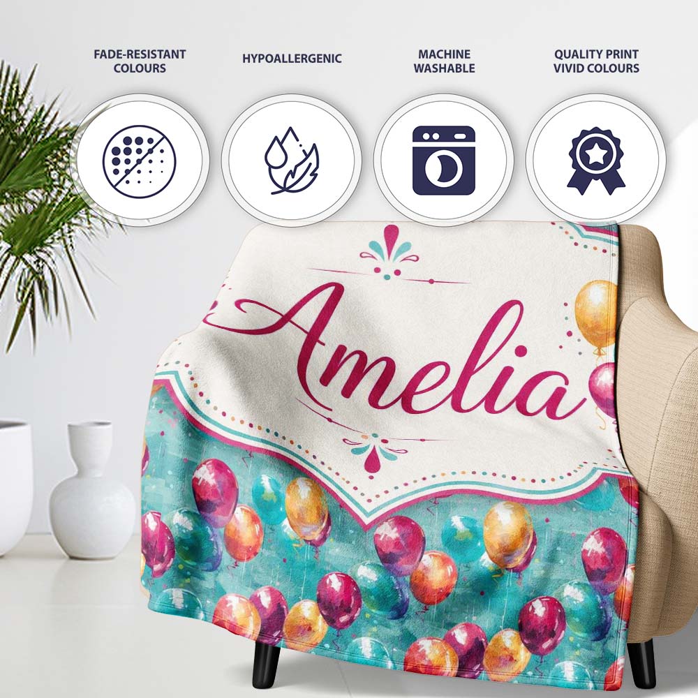 Vibrant Painted Balloon Cluster Seamless Pattern Festive Background Personalised Custom Name Super Soft Fleece Blanket Bed Sofa Throw