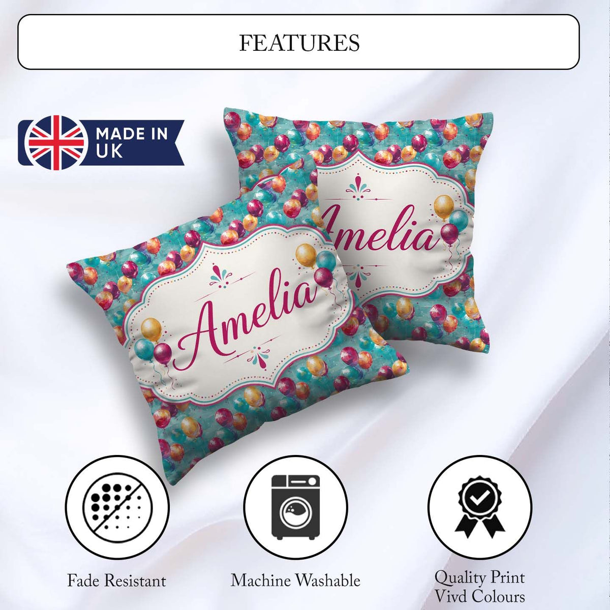 Custom Name Vibrant Painted Balloon Cluster Seamless Background Square Filled Cushion Throw Pillow Sofa Bed Home Decor Zip Washable UK Made