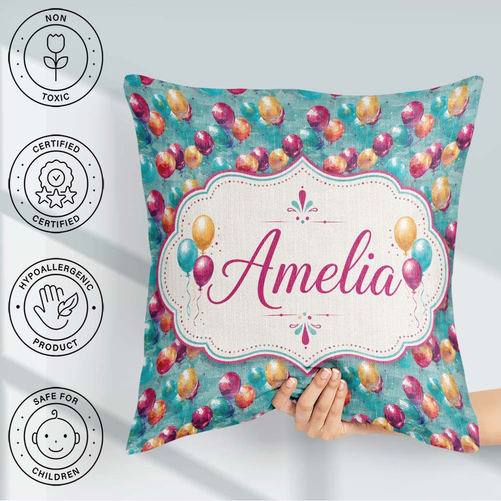 Custom Name Vibrant Painted Balloon Cluster Seamless Background Square Filled Cushion Throw Pillow Sofa Bed Home Decor Zip Washable UK Made
