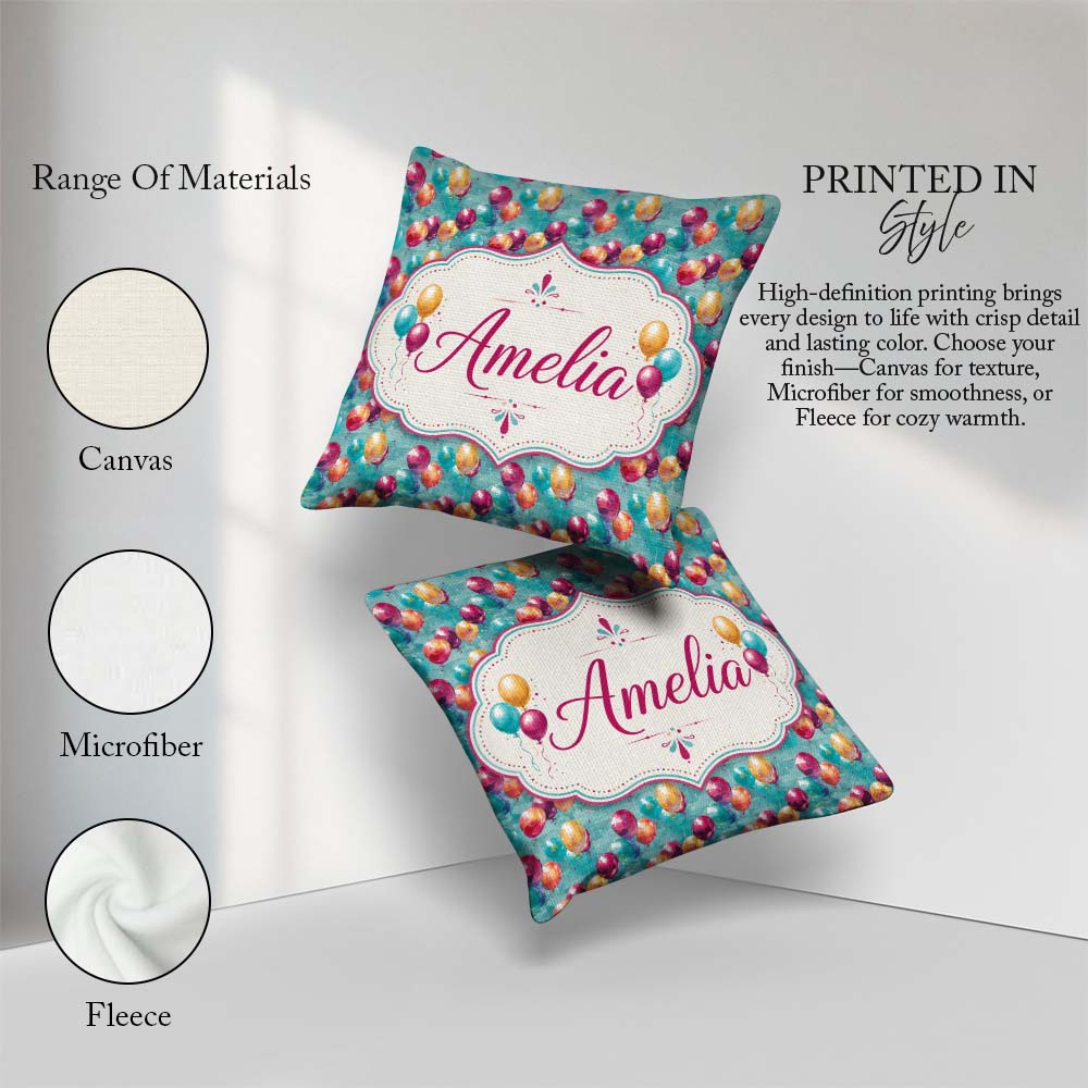Custom Name Vibrant Painted Balloon Cluster Seamless Background Square Filled Cushion Throw Pillow Sofa Bed Home Decor Zip Washable UK Made