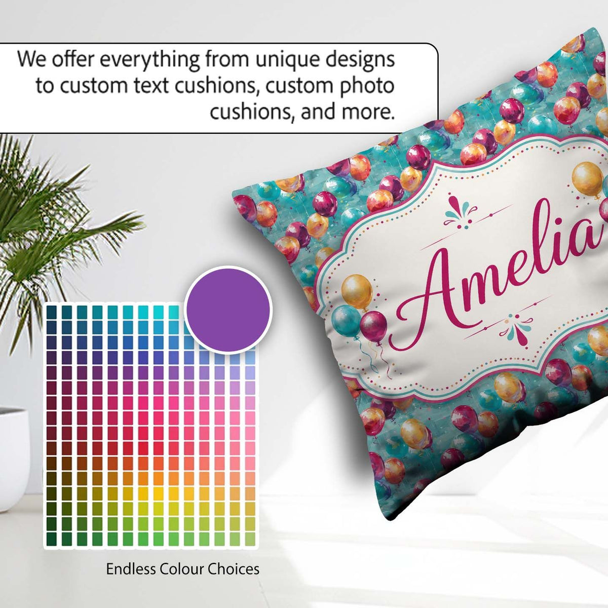 Custom Name Vibrant Painted Balloon Cluster Seamless Background Square Filled Cushion Throw Pillow Sofa Bed Home Decor Zip Washable UK Made