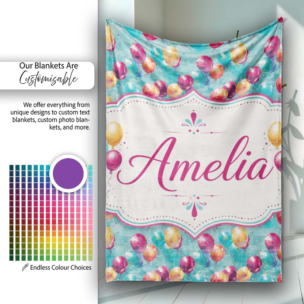 Vibrant Painted Balloon Cluster Seamless Pattern Festive Background Personalised Custom Name Super Soft Fleece Blanket Bed Sofa Throw
