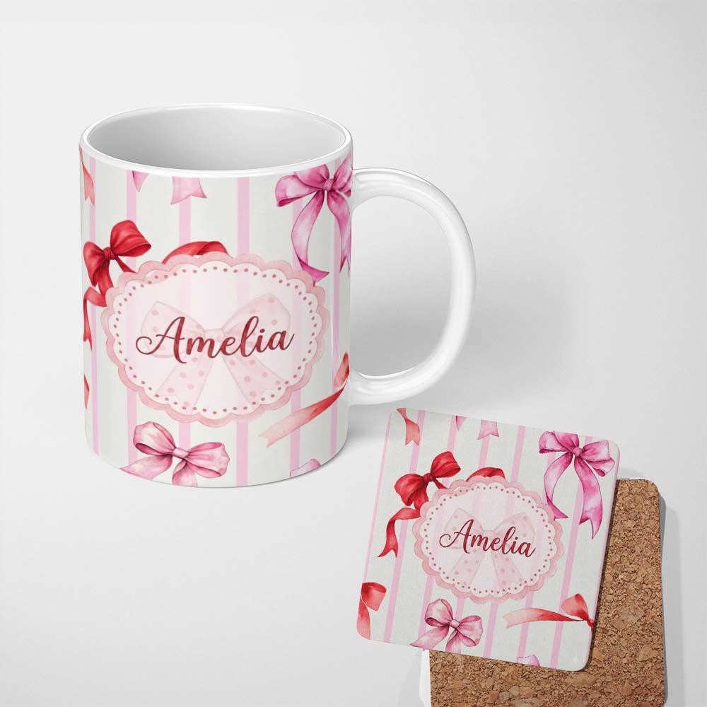 Personalized Custom Name Watercolor Ribbon Bow Seamless Pattern on Pink Stripe Background 11oz Ceramic Coffee Tea Mug White Large Handle