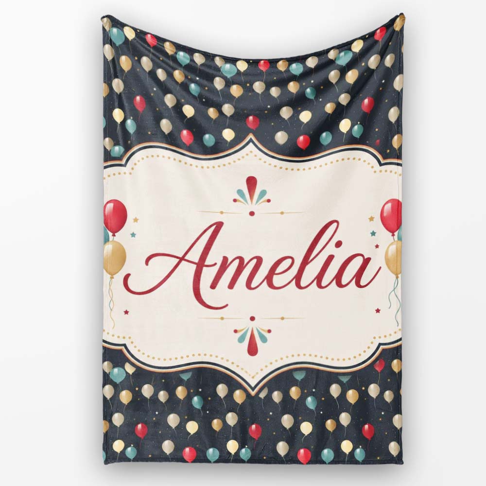 Dark Night Sky Balloon Celebration Seamless Pattern Elegant Party Personalised Custom Name Super Soft Fleece Blanket Bed Sofa Throw