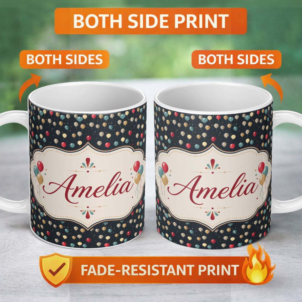 Personalized Custom Name Dark Night Sky Balloon Celebration Seamless Pattern Elegant Party 11oz Ceramic Coffee Tea Mug White Large Handle