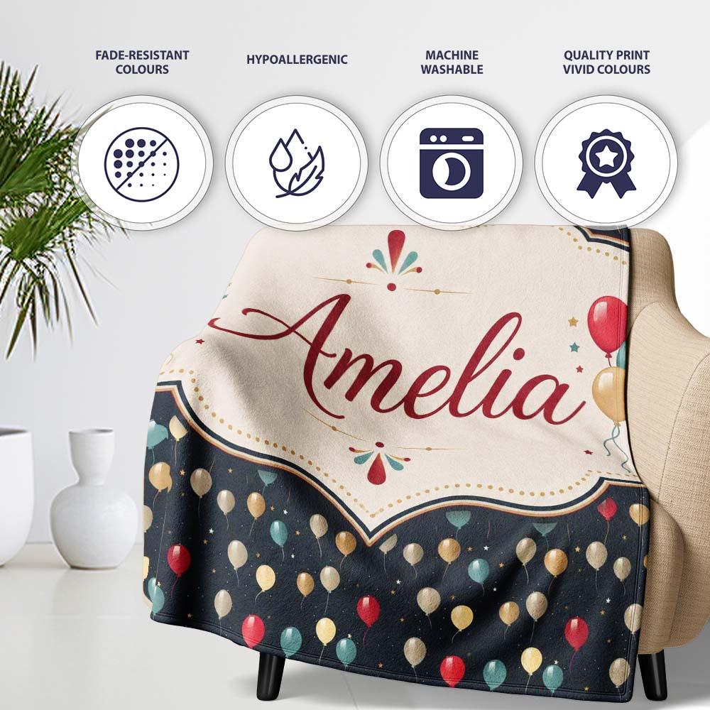 Dark Night Sky Balloon Celebration Seamless Pattern Elegant Party Personalised Custom Name Super Soft Fleece Blanket Bed Sofa Throw