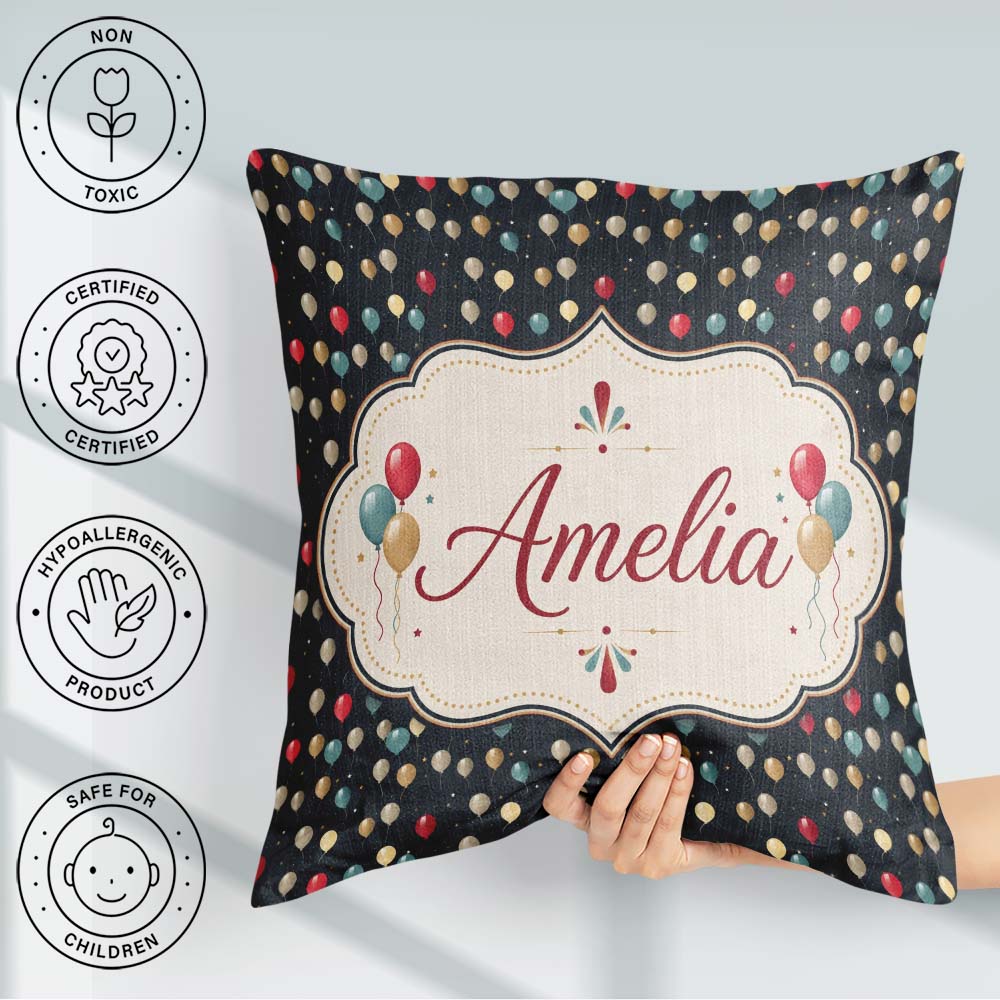Custom Name Night Sky Balloon Celebration Seamless Pattern Party Square Filled Cushion Throw Pillow Sofa Bed Home Decor Zip Washable UK Made