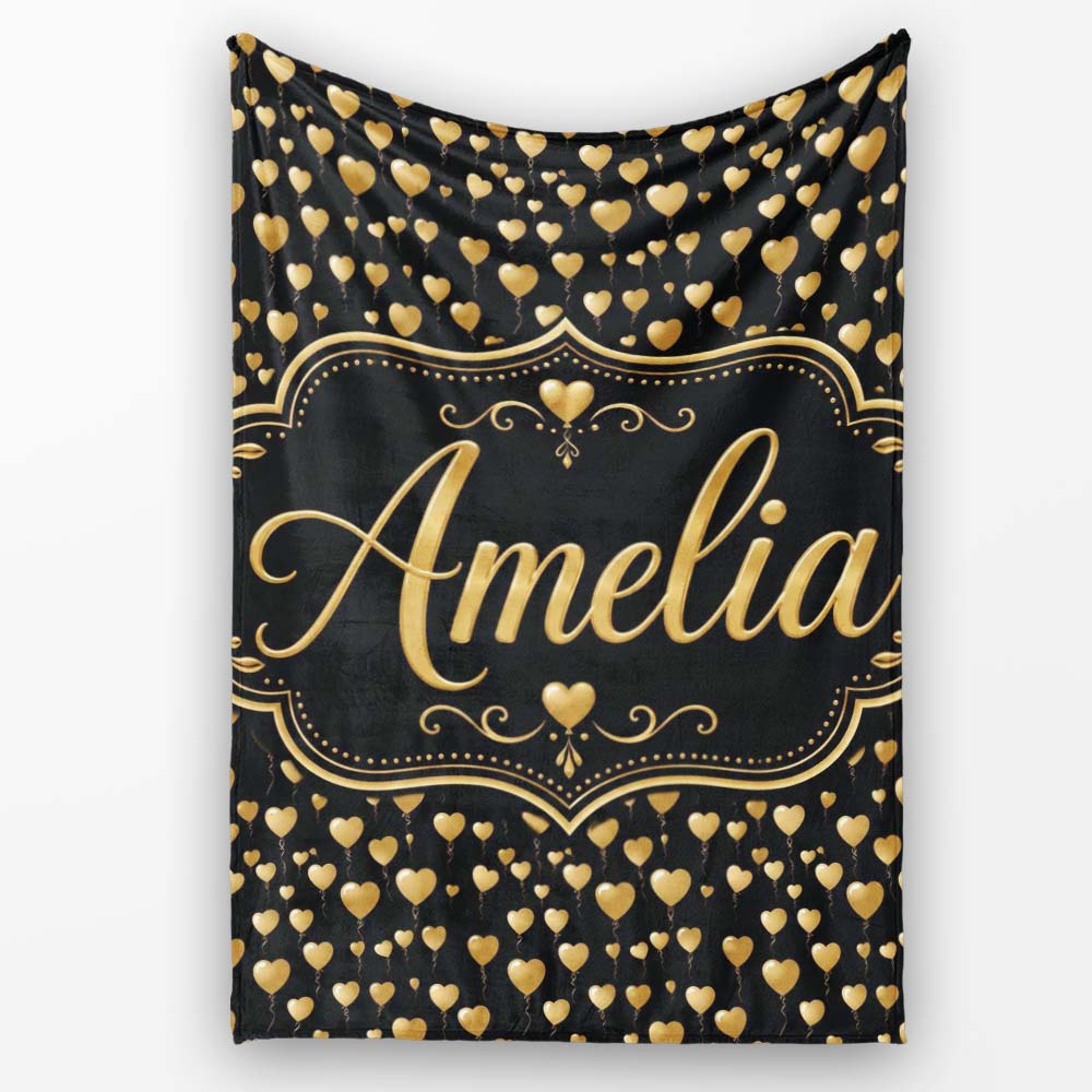 Golden Heart Balloon Luxury Seamless Pattern Celebration Background Personalised Custom Name Super Soft Fleece Blanket Bed Sofa Throw