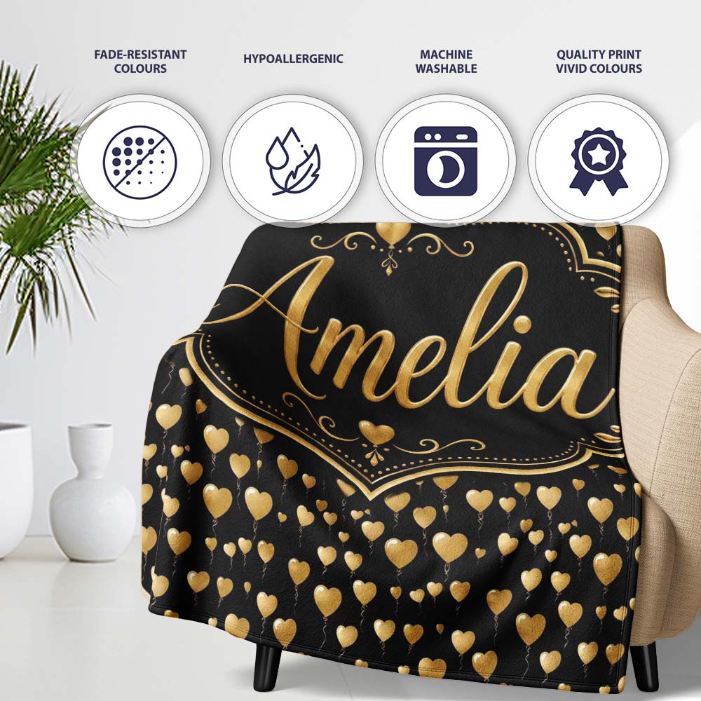 Golden Heart Balloon Luxury Seamless Pattern Celebration Background Personalised Custom Name Super Soft Fleece Blanket Bed Sofa Throw