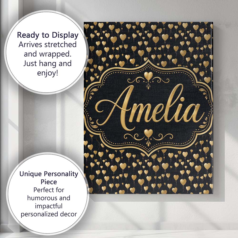 Personalised Name Golden Heart Balloon Custom Modern Room Accent Elegant Feature Canvas Wall Art Print Decor Picture Ready to Hang